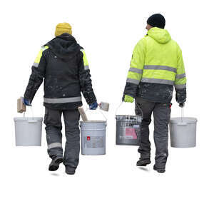 two workmen carrying large buckets