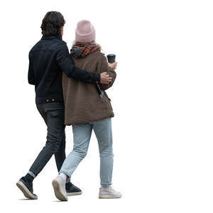 couple in winter walking and drinking coffee