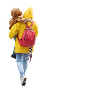 woman carrying a child in the rain