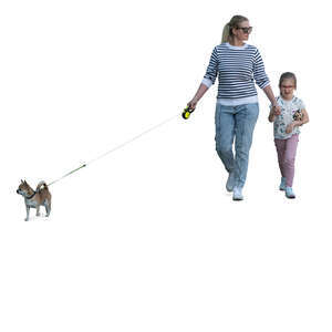 mother and daughter and a little dog walking