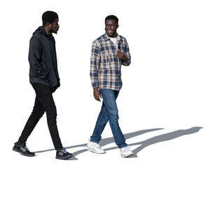 two black men walking and talking