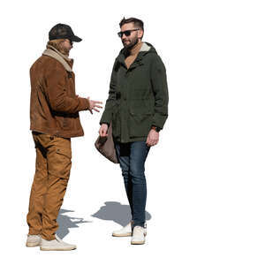 two cut out men standing outside on sunny autumn day and talking