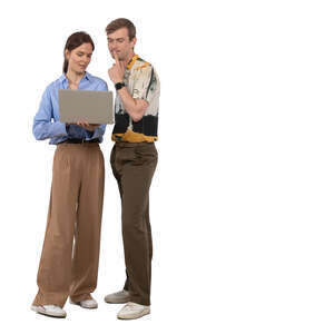 two cut out young people standing and looking at laptop