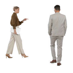 cut out woman and man in a modern office walking