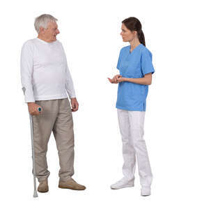 nurse talking to an elderly man with a walking stick