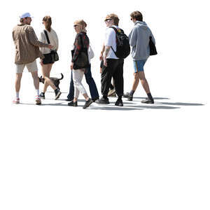 cut out backlit group of young people and a dog walking