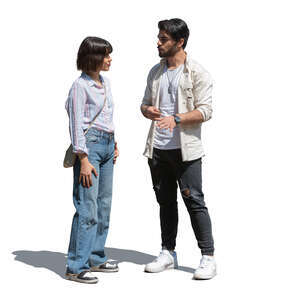 dark-haired man and woman standing and talking