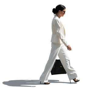 cut out woman in a white suit walking