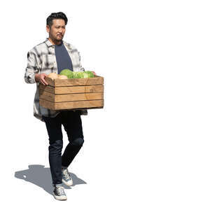 asian man carrying a box full of vegetables