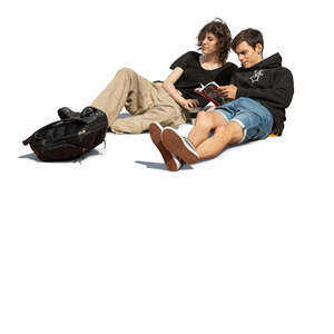 cut out man and woman lying in park and reading a book