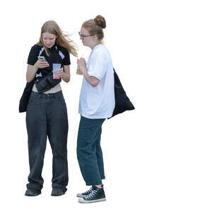 two cut out young women standing and looking at a phone
