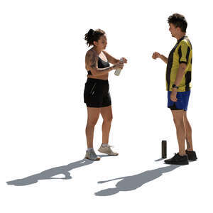 two cut out backlit people drinking water after workout