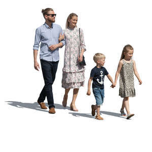 cut out family with two kids walking in summer