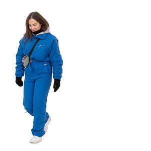 cut out woman in a blue winter ski costume walking