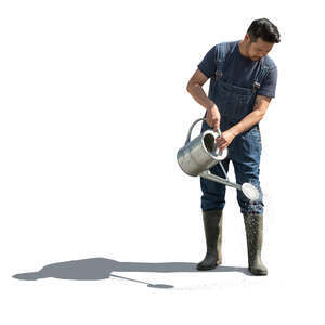 cut out asian man watering plants in the garden