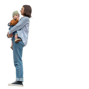 cut out woman holding a baby standing up on a balcony