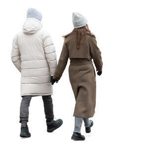 cut out man and woman in winter walking hand in hand