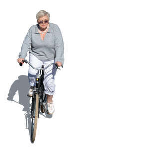 cut out older woman riding a bike seen from above