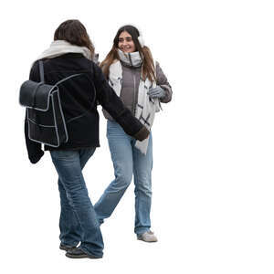 two cut out women in winter greeting on the street