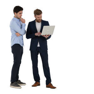 two men standing and looking at a computer