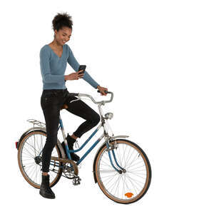 cut out black woman with a bike stopping and texting