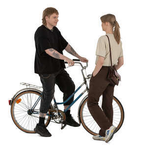 cut out woman talking to a young man with a bike