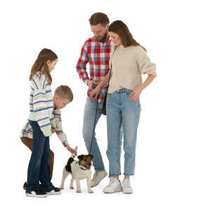 cut out family with kids petting a dog 