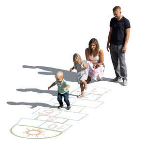 top view of a family with little children playing hopscotch