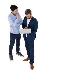 top view of two businessmen with a laptop standing