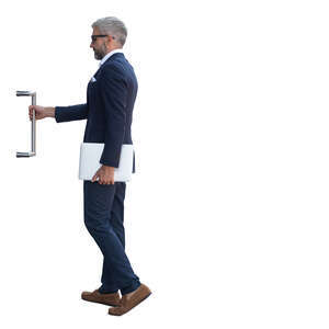 cut out man in a suit opening a door