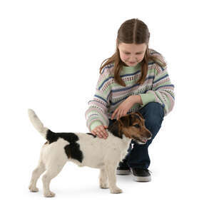 cut out girl squatting and petting a cute dog