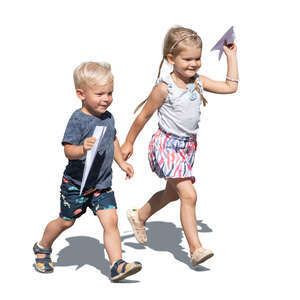two kids with paper planes running around