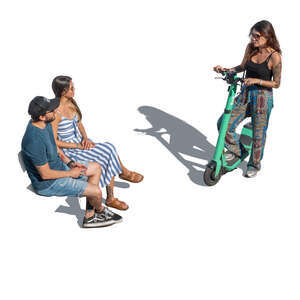 top view of a woman with scooter talking to two friends