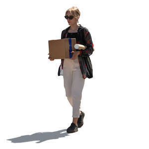 cut out backlit woman carrying a box