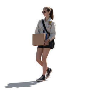 cut out backlit woman carrying a carton box