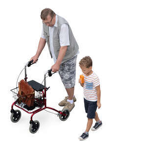 grandfather and grandson walking seen from above