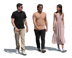two men and a woman walking