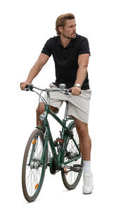 cut out man with a bike stopping and looking around