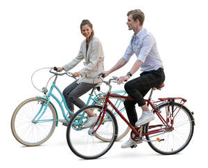 man and woman riding bikes side by side and talking