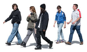cut out group of five young people walking