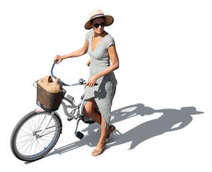 cut out woman with a white bicycle walking seen from above