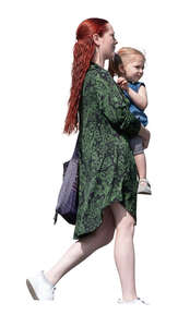 cut out woman carrying a child walking seen from below angle