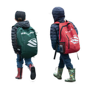 two cut out small children with school bags walking
