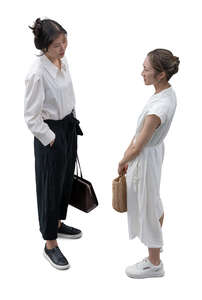 top view of two women standing and talking