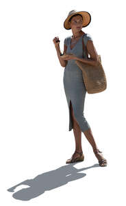 cut out backlit woman in a dress wearing a hat standing