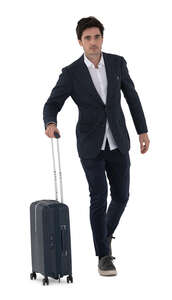 chic businessman with a travel suitcase walking