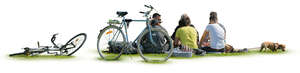 group of people with bikes and a dog sitting in a park on the grass