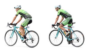 two cut out sporty bikers riding a bicycle