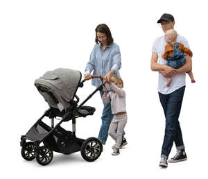 family with two little kids and a baby carriage walking