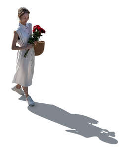 top view of a japanese woman with a bouquet of red roses